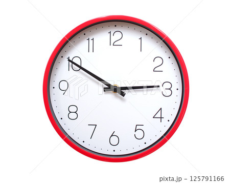 Minimalist red framed wall clock pointing at 02:50 or 14:50. Isolated on white background. Concept of time management. Minimalist red framed wall clock pointing at 02:50 or 14:50. Isolated on white background. Concept of time management. 125791166
