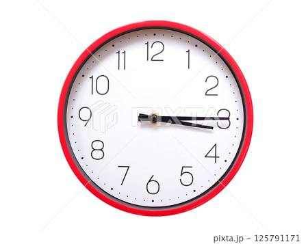 Minimalist red framed wall clock pointing at 03:15 or 15:15. Isolated on white background. Concept of time management. Minimalist red framed wall clock pointing at 03:15 or 15:15. Isolated on white background. Concept of time management. 125791171