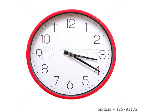 Minimalist red framed wall clock pointing at 03:20 or 15:20. Isolated on white background. Concept of time management. 125791172