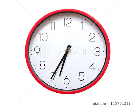 Minimalist red framed wall clock pointing at 06:35 or 18:35. Isolated on white background. Concept of time management. 125791211
