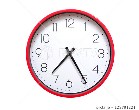 Minimalist red framed wall clock pointing at 07:25 or 19:25. Isolated on white background. Concept of time management. 125791221