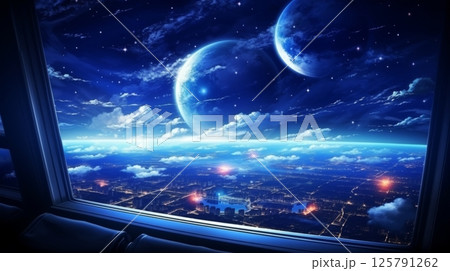 Breathtaking earth view from spaceship window with radiant blue globe and twinkling stars in cosmos 125791262