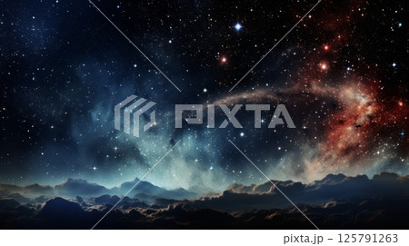 Panoramic view of earth from spaceship window in radiant blue cosmos with twinkling stars 125791263