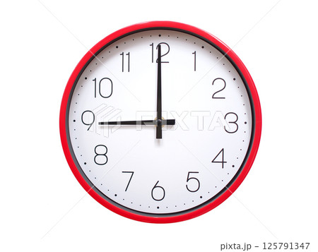 Minimalist red framed wall clock pointing at 09:00 or 21:00. Isolated on white background. Concept of time management. Minimalist red framed wall clock pointing at 09:00 or 21:00. Isolated on white background. Concept of time management. 125791347