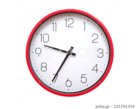 Minimalist red framed wall clock pointing at 09:35 or 21:35. Isolated on white background. Concept of time management. Minimalist red framed wall clock pointing at 09:35 or 21:35. Isolated on white background. Concept of time management. 125791354
