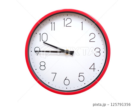 Minimalist red framed wall clock pointing at 09:45 or 21:45. Isolated on white background. Concept of time management. Minimalist red framed wall clock pointing at 09:45 or 21:45. Isolated on white background. Concept of time management. 125791356
