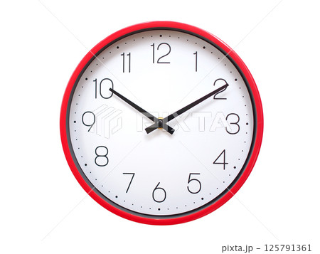 Minimalist red framed wall clock pointing at 10:10 or 22:10. Isolated on white background. Concept of time management. Minimalist red framed wall clock pointing at 10:10 or 22:10. Isolated on white background. Concept of time management. 125791361