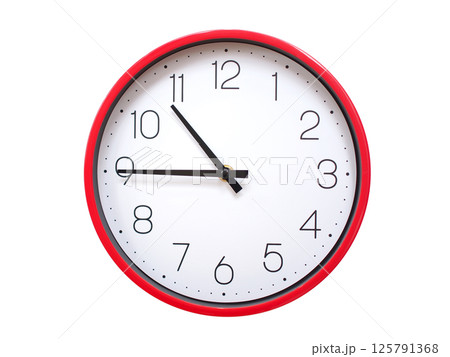 Minimalist red framed wall clock pointing at 10:45 or 22:45. Isolated on white background. Concept of time management. 125791368