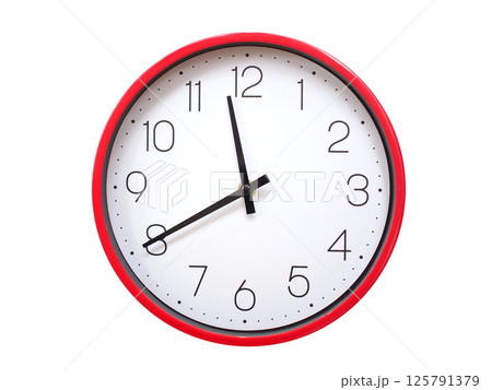 Minimalist red framed wall clock pointing at 11:40 or 23:40. Isolated on white background. Concept of time management. Minimalist red framed wall clock pointing at 11:40 or 23:40. Isolated on white background. Concept of time management. 125791379