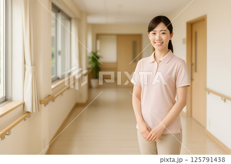 介護施設で立つ若い女性介護士 介護施設で立つ若い女性介護士 125791438