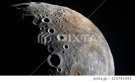 Moon s surface  scattered craters on lunar landscape amidst space s black backdrop 125791495