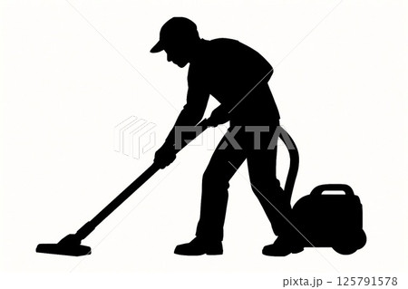 掃除機を使って清掃する人のシルエット 125791578