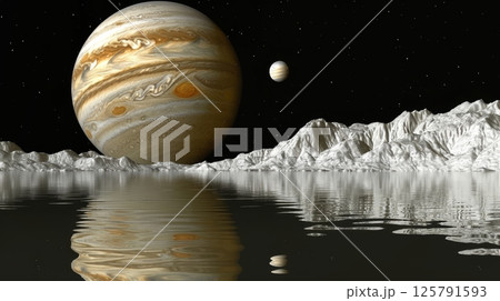 Jupiter And Moon Over Alien Ocean, A Surreal Landscape With Mountains, Water, Planets And Stars Jupiter And Moon Over Alien Ocean, A Surreal Landscape With Mountains, Water, Planets And Stars 125791593