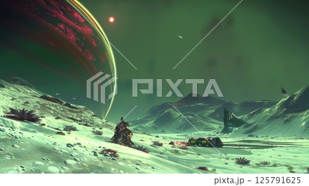 Breathtaking planetary landscape featuring crystalline lakes and dual suns lighting the horizon 125791625