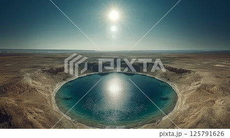 Aerial View of Turquoise Crater Lake in Desert Landscape under Bright Sun, Nature Background 125791626