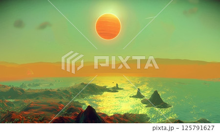 Breathtaking alien planet with crystalline lakes and dual suns lighting the vibrant horizon 125791627
