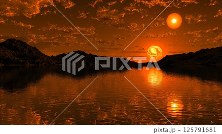 Stunning planetary landscape with shimmering crystal lakes and dual sunlit horizons Stunning planetary landscape with shimmering crystal lakes and dual sunlit horizons 125791681