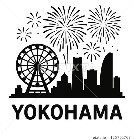 横浜の夜空を彩る花火と観覧車のシルエット 125791762