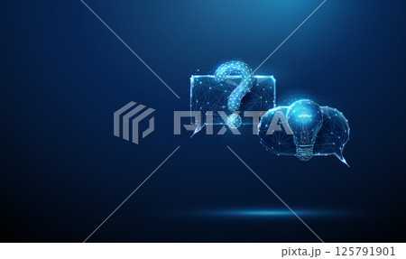 Blue futuristic chat bubbles with question mark and light bulb AI-driven conversation, idea generation, smart problem-solving Blue futuristic chat bubbles with question mark and light bulb AI-driven conversation, idea generation, smart problem-solving 125791901