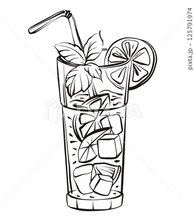 Cold summer beverage in a transparent glass with ice cubes lemon and lime slices and a straw. Citrus fruits and juice splash. Hand drawn vector illustration doodle style, isolated on white background. Cold summer beverage in a transparent glass with ice cubes lemon and lime slices and a straw. Citrus fruits and juice splash. Hand drawn vector illustration doodle style, isolated on white background. 125791974
