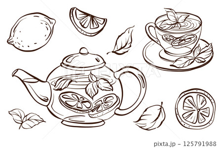 A collection of hand-drawn tea-related graphics, featuring teacups, mugs, teapots, citrus, and herbal drinks. Includes elements for menus, labels, and restaurant designs. Perfect for beverage themes. A collection of hand-drawn tea-related graphics, featuring teacups, mugs, teapots, citrus, and herbal drinks. Includes elements for menus, labels, and restaurant designs. Perfect for beverage themes. 125791988