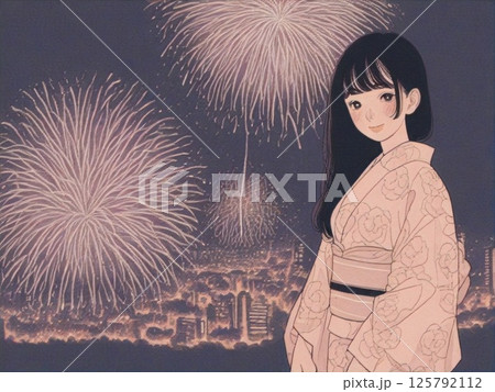 打ち上げ花火と浴衣を着たロングヘアの女性 レトロ風 打ち上げ花火と浴衣を着たロングヘアの女性 レトロ風 125792112