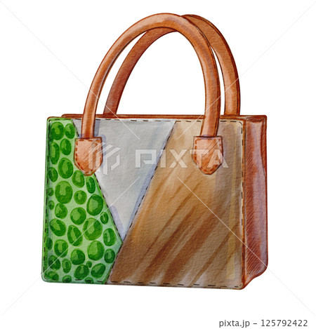 A stylish handbag with a striking patchwork design. Watercolor illustration of a fashion accessory with leather handles. Reuse, recycling. Perfect for fashion projects, lookbooks, and lifestyle blogs. A stylish handbag with a striking patchwork design. Watercolor illustration of a fashion accessory with leather handles. Reuse, recycling. Perfect for fashion projects, lookbooks, and lifestyle blogs. 125792422