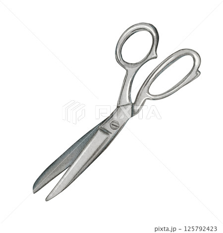 Metal sewing scissors are open. Watercolor illustration of old tools. Reworking things, a seamstress's tool. A collection of reusable fabrics. Suitable for needlework, ateliers, workshops, blogs. 125792423