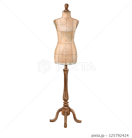 A mannequin made of fabric on a wooden stand in a female form. Watercolor illustration of vintage-style sewing workshop equipment. Reworking things. Suitable for seamstresses, ateliers, blogs. 125792424