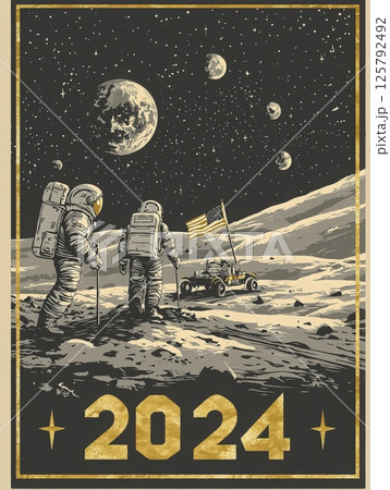 Two astronauts walk on the moons surface, carrying equipment and an American flag. A lunar rover is parked nearby, with planets and stars illuminating the dark sky, set in 2024. 125792492