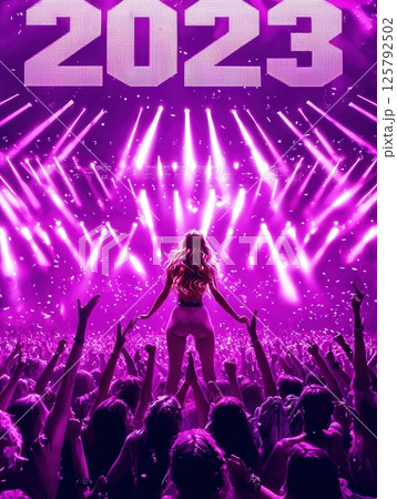 A lively music festival takes place with a sea of fans celebrating. Colorful lights illuminate the night sky while an artist performs on stage, creating an electrifying atmosphere for the audience. 125792502