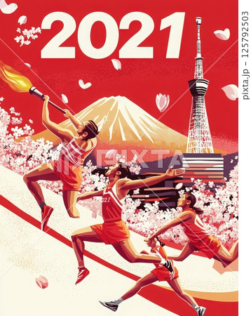 Athletes run in a dynamic torch relay against a backdrop of Mount Fuji and the Tokyo Tower, surrounded by blooming cherry blossoms. The vibrant red design embodies the spirit of the 2021 games. 125792503