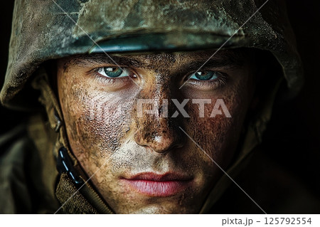 A young soldier displays a fierce expression, covered in mud and grime, with striking blue eyes. His worn helmet and dirty uniform hint at a recent battle, showcasing resilience and bravery. 125792554