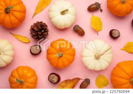 Autumn composition. White and orange pumpkin with autumn leaves on pink background. Thanksgiving day Autumn composition. White and orange pumpkin with autumn leaves on pink background. Thanksgiving day 125792694