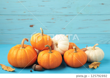 Festive autumn decor from pumpkins and leaves on blue wooden background. Concept of Thanksgiving day or Halloween. 125792892