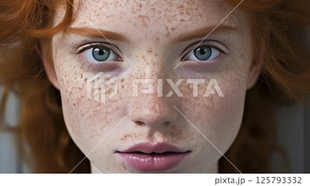 Softly illuminated close up portrait of a red haired girl with freckles in summer sunlight 125793332
