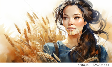 Medieval europe  peasant woman gathering wheat in village field with rustic houses in backdrop 125793333