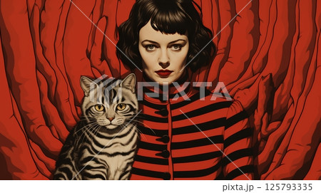 Charming cartoon girl with pet cat  perfect for kids  portraits in animated movie style 125793335