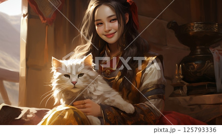 Whimsical animated illustration of girl with cat, perfect for children s portraits 125793336