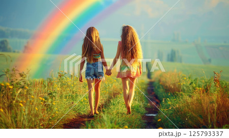 Diverse representation  women with long hair holding hands under rainbow in vibrant meadow 125793337