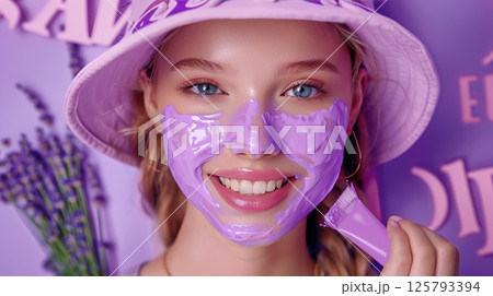 Smiling girl applying lavender colored cream with lavender bunch on dressing table 125793394