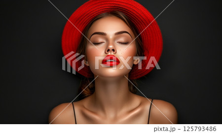 Close up portrait of a female model with radiant skin and red lips in a retro hat on black backdrop 125793486