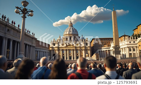 Pilgrims in front of St. Peter's Basilica. Sistine Chapel in Vatican Italy with crowd waiting during the conclave 125793691