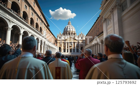 Sistine Chapel with crowd waiting in Vatican Italy during the conclave 125793692