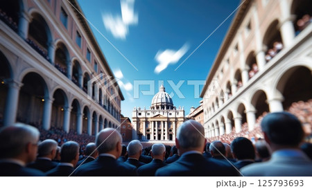 St. Peter's Basilica, Vatican City, Rome, Italy. Sistine Chapel in Vatican Italy with crowd waiting during the conclave 125793693