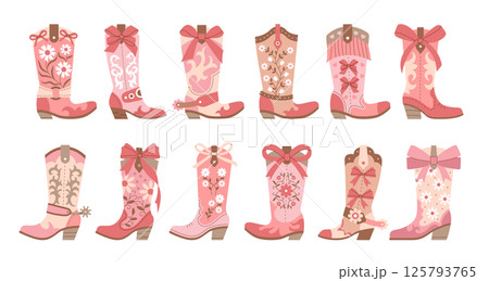 Cowgirl shoes. Modern western cowgirl boots for rodeo recent vector cute set in flat style 125793765