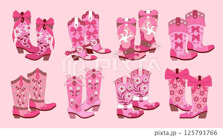 Cowgirl boots. Fashion western pink shoes for women recent vector cowboy concept set of boots for rodeo 125793766
