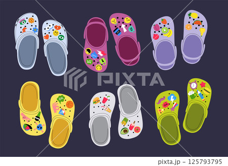 Beach shoes. Crocs fashioned funny shoes with cartoon pins comfortable summer footwear recent vector sandals for male and female 125793795