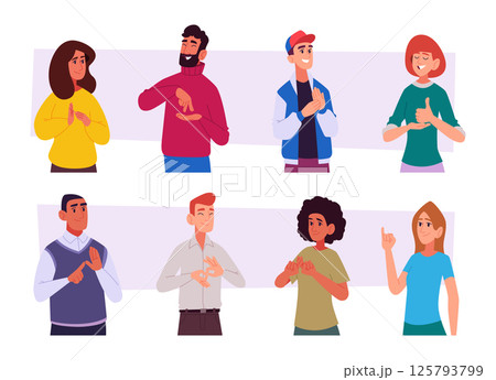 Hands gestures communication. Deaf and dumb people talking with hand signs exact vector cartoon characters 125793799
