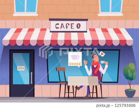 Restaurant critic. Professional culinary expert eating and testing different foods in restaurant interior exact vector cartoon background illustration 125793806